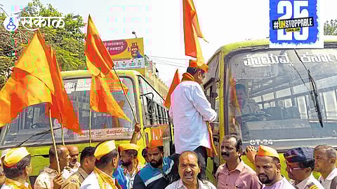 "Shiv Sena Thackeray group raises flags on two Karnataka buses in Maharashtra, signaling opposition to the buses entering the state."