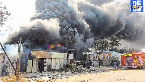 Firefighters work tirelessly to control the fire at a scrap warehouse in Miraj, after intense efforts lasting 90 minutes.