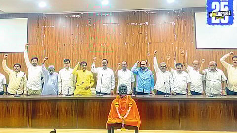 Shivaji University students protesting against the name extension, pledging to escalate their struggle for their cause.