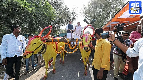 Ram Shinde participates in the bullock cart procession and felicitation ceremony in Pothre, honoring the village that gave direction to his life."