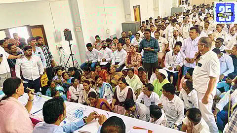 Monika Rajale at the water scarcity review meeting in Pathardi, urging authorities to prioritize the Bhagwangad Water Project to combat ongoing drought issues.