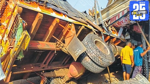 Scene of the accident at Turukwadi Phata where a truck rammed into a shop, leaving three injured and causing heavy property damage.