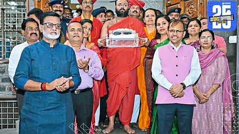 Sai Baba’s sacred Padukas being worshipped before beginning their 1800 km yatra across three states to bless devotees.