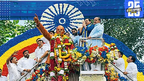 Bhim Sainiks march with Dr. Babasaheb Ambedkar’s portrait in a grand tribute procession on Constitution Day.
