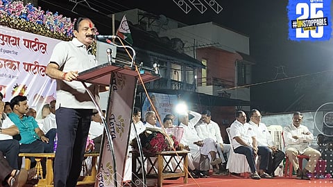 Makrand Patil addressing farmers in Khandala, promising irrigation justice to 14 deprived villages.