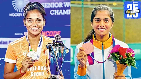 Akshada and Vaishnavi proudly receiving the Shiv Chhatrapati Award for their remarkable achievements in sports.