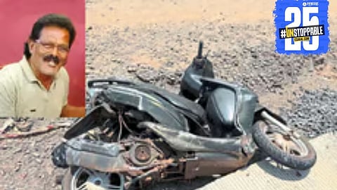 Scene from the fatal accident at Bhandya where a retired ST driver lost his life after a collision with an unidentified vehicle."