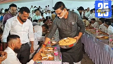Dignitaries relish aamras and mandya during the 25th Mandav Dahala celebration filled with humor and tradition.