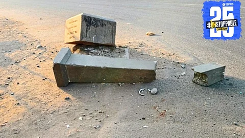 The remains of the WWI memorial pillar secured by the civic body after its sudden collapse.