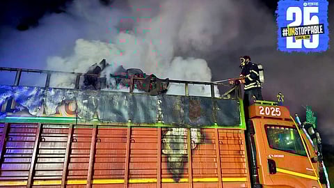 Blazing truck on Mumbai-Goa highway; firefighters battle flames for over five hours.