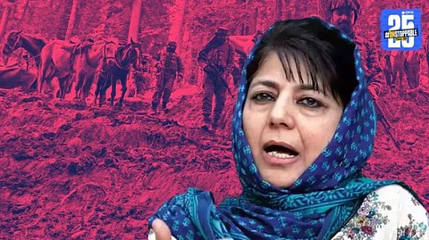 Mehbooba Mufti seen emotional during her press statement, appealing for peace between India and Pakistan amid rising tensions.