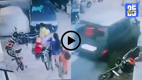 CCTV footage captures the tragic moment a speeding car runs over a woman and four children standing at the doorstep.