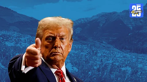 Donald Trump addressing media on India-Pakistan ceasefire, making a significant statement on Kashmir issue.