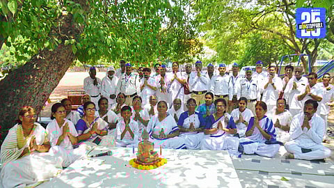 Devotees in Solapur chant ‘Buddham Sharanam Gacchami’ during a peaceful prayer ceremony on the occasion of Buddha Purnima.