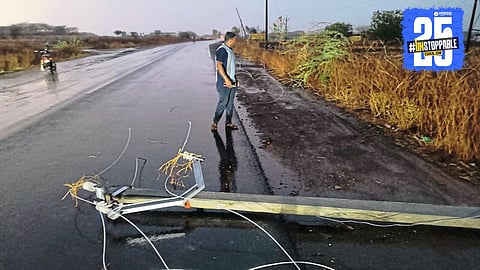 Fallen electric poles after a violent storm leaves 110 villages without electricity, disrupting life across the district.