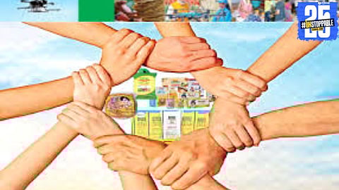 Political banners near a cooperative milk union office symbolizing the growing party interference in Maharashtra’s cooperative movement.