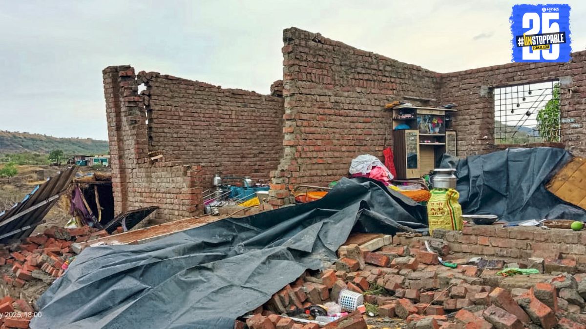 Wreckage of huts in tribal settlement after a violent storm — the homes built with hardship now reduced to debris.