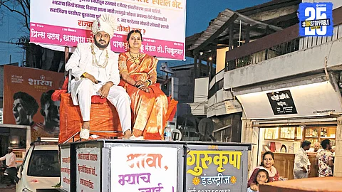 A symbolic wedding procession on a road roller — Prince Club’s creative protest against Kolhapur Municipal Corporation’s negligence.