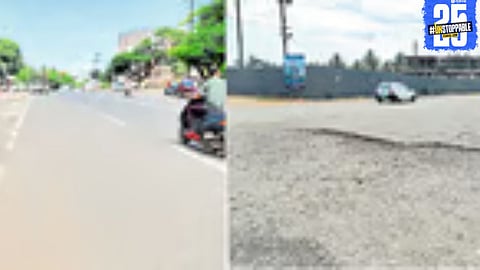 Survenagar Ring Road filled with deep potholes, forcing motorists to dodge danger every few meters.