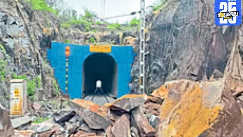 Debris from the rockfall near Veravali Khurd tunnel that disrupted train traffic on the Konkan Railway line in Lanja.