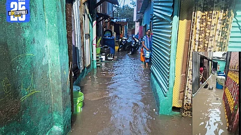 Waterlogged streets and flooded homes in Solapur city after continuous heavy rainfall.
