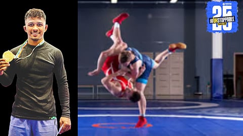 Sujay celebrates his gold medal victory at the National Wrestling Championship — a proud moment for Indian wrestling.