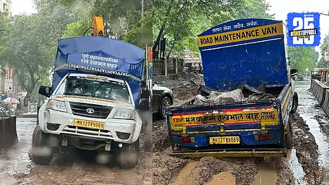 A PMC rescue and rehabilitation vehicle stuck in thick mud near Journalist Association in Navi Peth, Pune — symbolizing poor civic planning and monsoon mismanagement