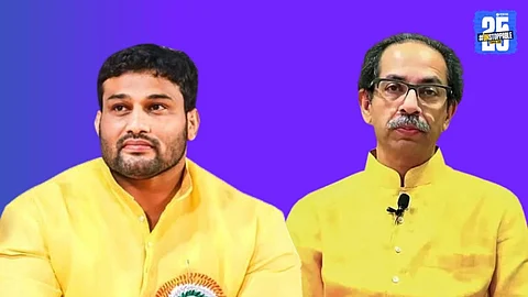 Chandrahar Patil greets Eknath Shinde as he formally joins the Shiv Sena faction, marking a major political shift in Maharashtra.