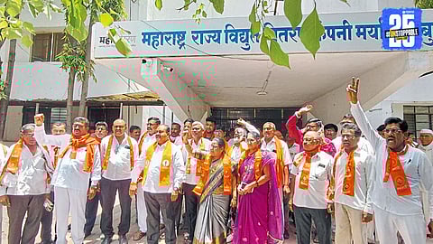 Shiv Sena activists protest demanding waiver of electricity bills for farmers.