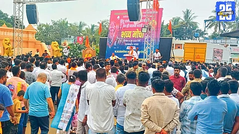 MLA Sangram Jagtap addressing Dharmarakshan Sabha, promising action on Shani temple trustee issue.