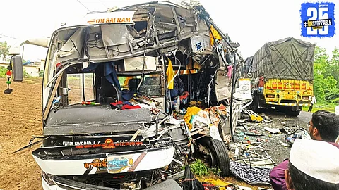 Wreckage of the truck and bus after the tragic accident in Konkanagav; rescue operations in full swing.