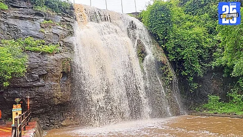 Kalmajai Waterfall in full flow during monsoon; trekkers and nature lovers enjoy the scenic surroundings