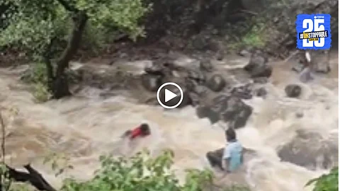 A tourist at Rautwadi Waterfall slips into the powerful current while taking a selfie and is rescued by alert fellow visitors – a reminder of monsoon travel risks.