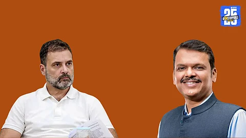 Rahul Gandhi addressing a press conference questioning the sudden spike in voters in Devendra Fadnavis' constituency, demanding a fair investigation by the Election Commission.