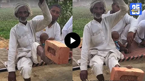 An elderly man lifts a brick using only his foot, demonstrating impressive flexibility and strength — now trending as a viral sensation.