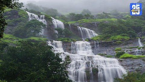 Aerial view of Mulshi Dam and Lonavala region submerged under dense clouds during record-breaking June rainfall, surpassing Cherrapunji's average.