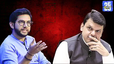 Aditya Thackeray addressing media, raising concerns over BJP's leadership and criticizing MP Nishikant Dubey for his controversial statements.