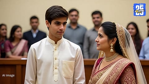 "18-year-old boy with his 40-year-old stepmother at the court after registering their controversial marriage; the father remains shocked and helpless."