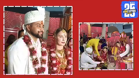 Bihar’s Anubhav Shashwat and Russian architect Anastasia tie the knot at Katihar temple, symbolizing a union of two cultures in a traditional Indian ceremony.