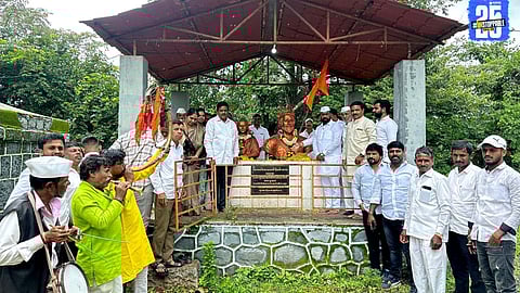 Locals distribute sweets and raise slogans of Shivaji Maharaj at the base of Fort Rajgad, celebrating its global recognition.