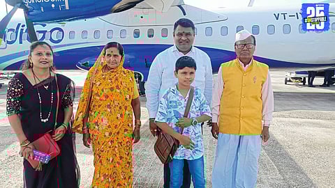 Dashrath Tupe with his parents before boarding the flight to Tirupati for a heartfelt birthday celebration.
