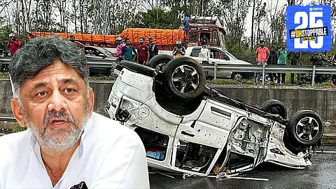 Visuals from the accident site where Karnataka Deputy CM DK Shivakumar’s escort vehicle overturned on the Mysuru-Bengaluru highway, leaving a security personnel injured.