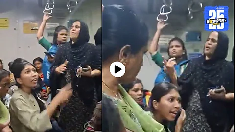 A group of women arguing inside a crowded Mumbai local train coach. The heated verbal clash over a seat escalated into a Marathi vs Hindi language debate