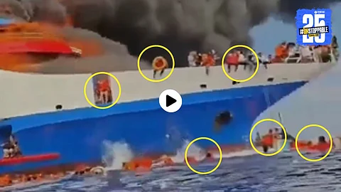 A screenshot from the viral video shows terrified passengers jumping into the sea as the ferry KM Barcelona V bursts into flames near Talis Island, Sulawesi