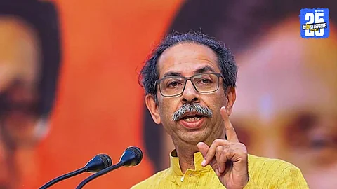 Uddhav Thackeray in conversation with Sanjay Raut during a ‘Saamana’ interview, commenting on his renewed ties with Raj Thackeray after 20 years and emphasizing unity for Marathi pride.