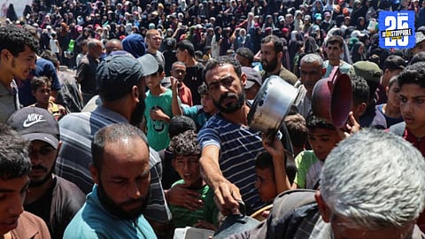 "Palestinian civilians gather around UN food aid trucks in northern Gaza, moments before Israeli forces allegedly opened fire, resulting in dozens of casualties."
