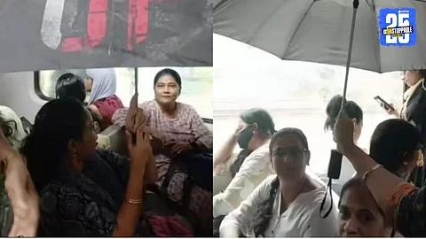 Commuters inside a Mumbai AC local train forced to open umbrellas due to roof leakage caused by heavy monsoon rain; images go viral on social media.