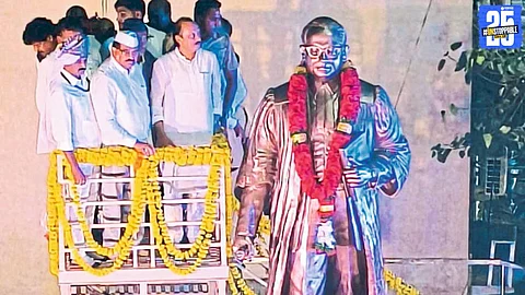Deputy CM Ajit Pawar unveiling Dr. Ambedkar’s full-size statue in Ahmednagar; ₹15 crore sanctioned for Constitution Bhavan.