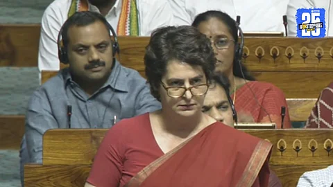 Priyanka Gandhi addressing the media over the recent Pahalgam terror attack, questioning government accountability and drawing parallels to the 26/11 incident.