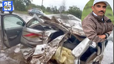 Wrecked car after fatal bus collision in Waghunde Budruk; teacher died on the spot in a tragic accident.